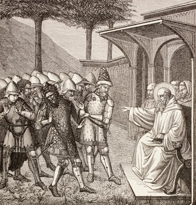 St. Benedict of Nursia bebreider østgoternes konge, ca. 1880 av English School